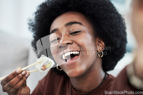 Image of Sushi, seafood and portrait with selfie of black woman at home for brunch, Japanese cuisine and social media. Profile picture and health with face of customer for nutrition, diet and fine dining