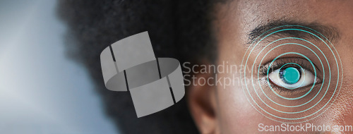 Image of Black woman, eye scan and futuristic biometric in verification, identification or access on banner. Closeup of African female person looking in facial recognition, optical scanning or cyber security