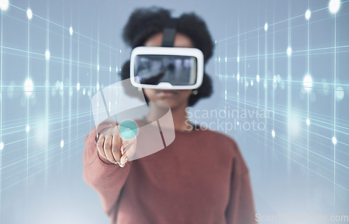 Image of Virtual reality, hologram and woman in studio for biometrics, metaverse and data analytics. Cybersecurity, futuristic technology and person with VR glasses for research, networking and software ux