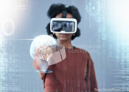 Image of Black woman, VR and hand on hologram in global communication, interaction or UI and UX on overlay. African female person in virtual reality, futuristic dashboard or 3D innovation in double exposure