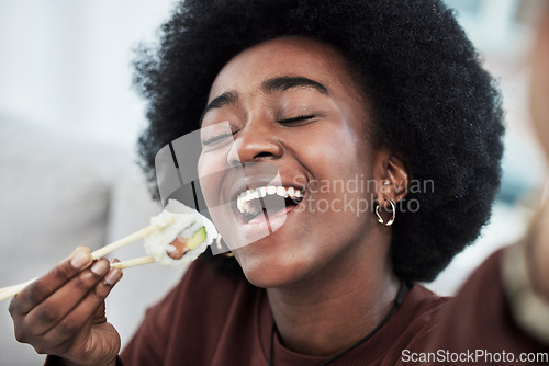 Image of Sushi, seafood and restaurant with selfie of black woman at home for brunch, Japanese cuisine and social media. Profile picture and health with face of customer for nutrition, diet and fine dining