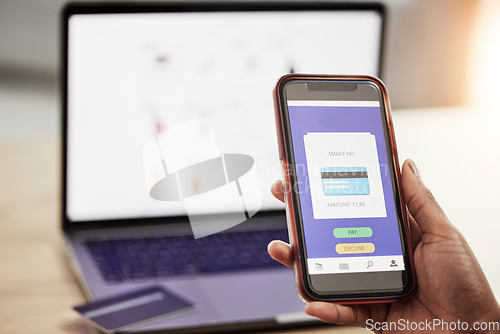 Image of Person, phone and hand with credit card on website in online shopping, payment or transaction at office. Closeup of shopper with debit on mobile smartphone app in ecommerce, buying or banking on desk