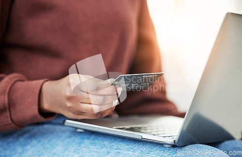 Image of Closeup, woman and hand with a laptop, credit card or online shopping with banking, investment or transaction. Person, customer or girl with a pc, payment or ecommerce with fintech or budget planning