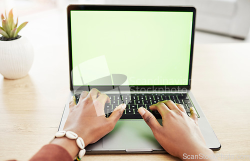 Image of Laptop, mockup and hands of woman in home office for remote work, internet or search from above. Space, screen and keyboard with freelance female influencer for social media, blog or podcast startup