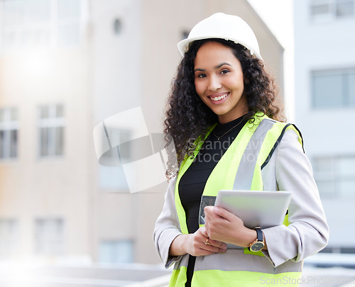 Image of Engineer, tablet and portrait of a woman outdoor for construction, development or planning. Happy technician person with technology in a city for project management, maintenance and inspection app