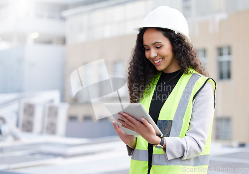 Image of Engineering, tablet and a woman outdoor for planning, search or communication for project. Female engineer with technology in a city for construction, management or app for maintenance and inspection