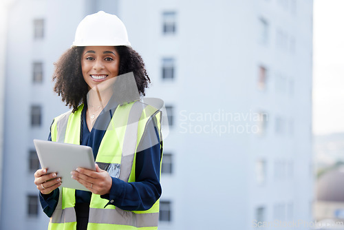 Image of Tablet, engineering and portrait of woman outdoor for construction, development or plan. African engineer person and technology for project management, city maintenance or building inspection space