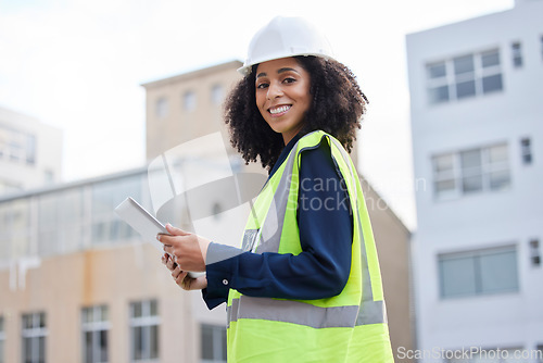 Image of Tablet, engineering and portrait of a woman outdoor for planning, search or communication for project. African engineer person with technology in a city for construction site, building and inspection