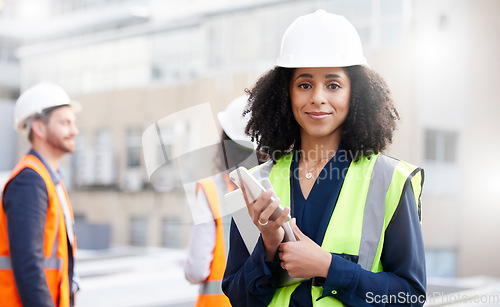 Image of Engineering, technology and portrait a woman outdoor for planning, building or construction site. African person or engineer with network connection in a city for project management with a team