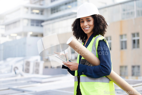 Image of Engineering, tablet and an architect woman outdoor for planning, search or communication for project. Portrait of engineer person with technology in city for construction, architecture or design app