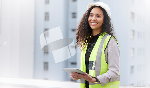 Image of Engineering, tablet and portrait of a woman outdoor for planning, search or communication. Engineer person with tech in city for building construction, management or maintenance and inspection space