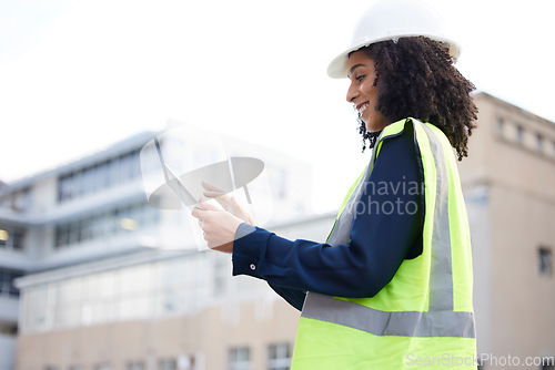 Image of Engineer woman, tablet and outdoor for planning, search or communication for project management. Black person with technology in a city for construction site, engineering or app for development