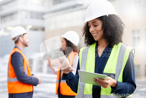 Image of Engineering, phone and a woman outdoor for planning, search or communication. African engineer person with technology in a city for construction site, project management or app for maintenance team