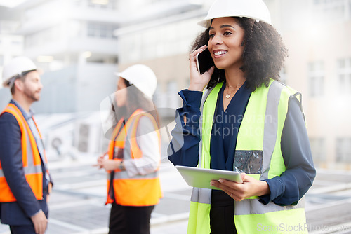 Image of Phone call, engineering and a woman outdoor talking about planning, development or project management. African engineer person with technology in city for construction site, communication or feedback