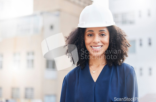 Image of Architecture, engineering and space with portrait of woman in city for planning, building and industrial. Property, project management and safety with contractor on construction site for mockup