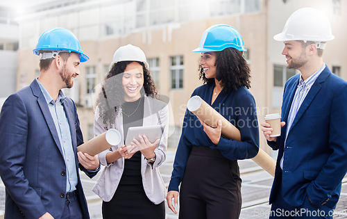 Image of Architect group, people at construction site and inspection with tablet and blueprint, diversity and happy outdoor. Property development, urban infrastructure and engineering with digital floor plan