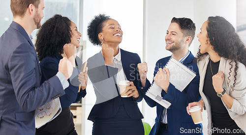 Image of Success, business people and celebration of teamwork in office for winning bonus, deal and solidarity. Diversity, group and collaboration of happy team to celebrate, achievement and cheers with fist