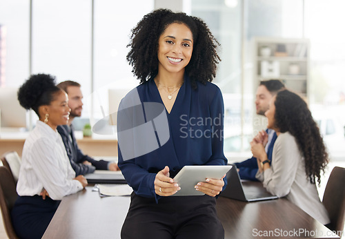 Image of Business woman, portrait and tablet for planning meeting with team or project management, discussion or marketing strategy. Corporate, employee and work in Brazil in communication or online research