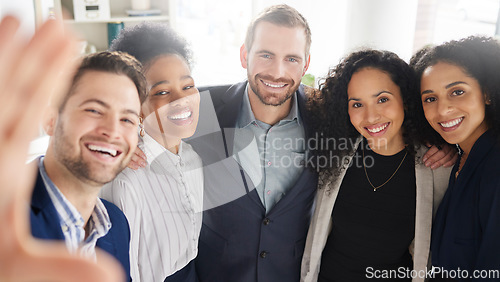 Image of Group of business people together in selfie with diversity, smile and happy in workplace for company portrait. Photography, proud men and women in office for team building, support and solidarity.