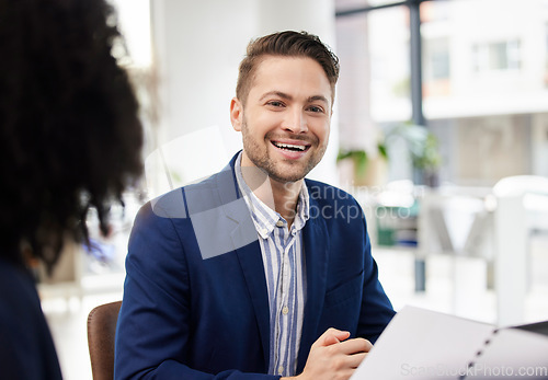 Image of Happy, meeting and portrait of business man in office smile for teamwork, collaboration and discussion. Corporate office, professional and worker with staff for conversation, planning and feedback