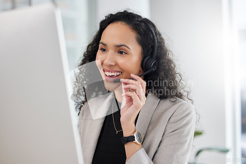 Image of Call center, customer service and happy consultant or woman speaking online for technical support, advice or help. Employee, talking and consulting person In Mexico working in crm for tech startup