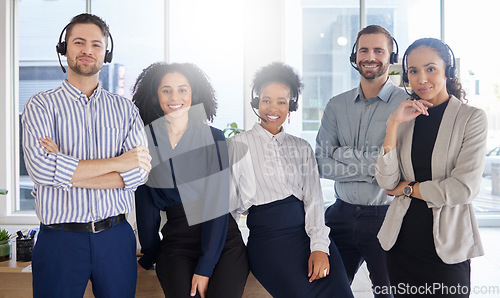 Image of Portrait, diversity and business people, call center and contact us, CRM and happy working together. Customer service group, consultant and headset with mic, communication and help desk with team