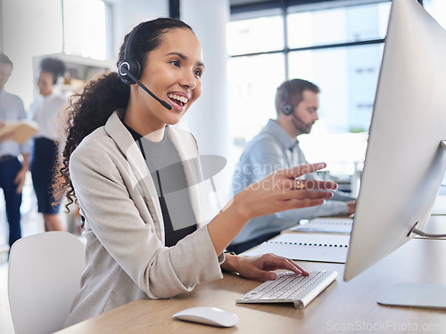 Image of Customer service, woman and speaking in call center with consultant online for technical support, advice or help. Employee, talking and consulting person In Mexico working in crm for tech startup