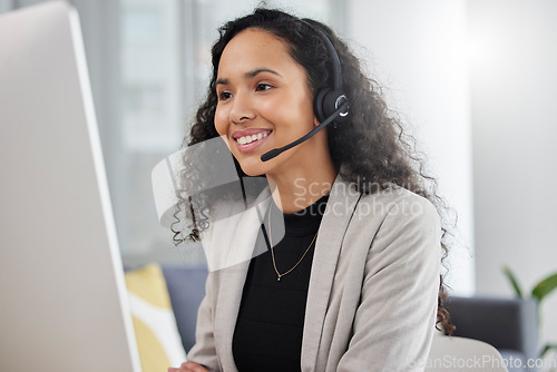 Image of Customer service, call center and happy consultant or woman speaking online for technical support, advice or help. Employee, talking and consulting person In Brazil working in crm for tech startup