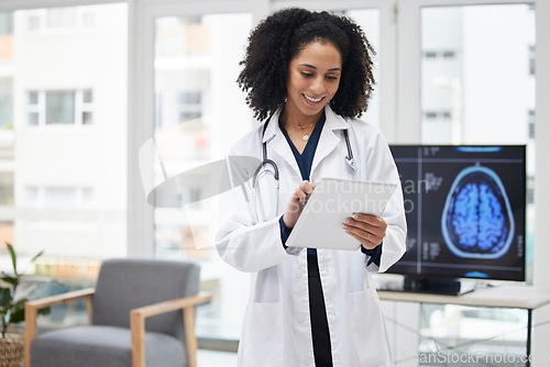 Image of Neurology, doctor and planning surgery with tablet in office with x ray, results and patient data on tech for expert consultation. Cancer, research and black woman to study the brain or neuroscience