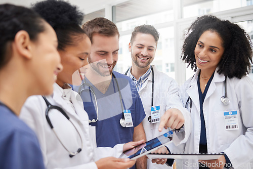 Image of Doctors, tablet and meeting in team discussion on x ray, MRI or brain scan in surgery planning at hospital. Group of happy medical or healthcare professionals with technology in teamwork at clinic