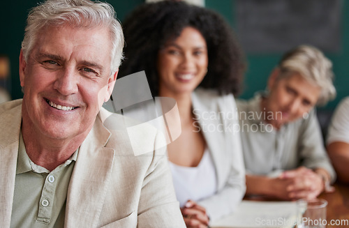 Image of Business man, portrait and people in a meeting with a smile, pride and professional team. Face of corporate entrepreneur person in an office for company growth, career development and leadership