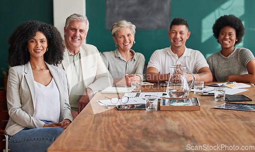 Image of Meeting, happy and portrait of business people in the office for discussion on a corporate finance project. Smile, diversity and team of accountants working on a financial strategy in collaboration.