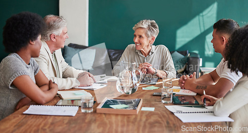 Image of Business people, talking and a meeting with teamwork, planning and feedback. Corporate men and women group in office for company report, development and strategy with diversity and collaboration