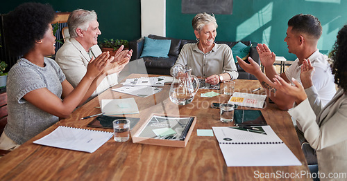 Image of Business people, applause and celebrate success in a meeting with a smile, pride and teamwork. Corporate men and women group clapping in office for company growth, development and win with diversity