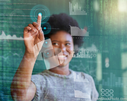 Image of Happy black woman, hand and HUD in UI, UX or data analytics and statistics on digital overlay. African female person smile or touching dashboard in futuristic innovation or virtual reality technology