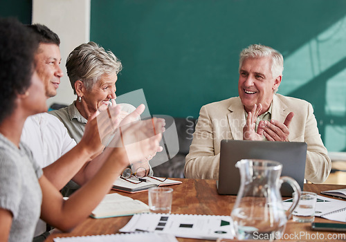 Image of Business people, clapping and celebrate success in a meeting with a smile, pride and teamwork. Corporate men and women group applause in office for company growth, achievement and win with diversity