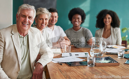 Image of Business man, portrait and team in a meeting with a smile, pride and professional people. Corporate person in an office for company growth, career development and leadership or strategy planning