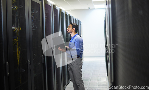 Image of Man, engineering laptop and server room, data center inspection or system solution for cybersecurity coding. IT person on computer for cables check, business power or programming hardware in basement