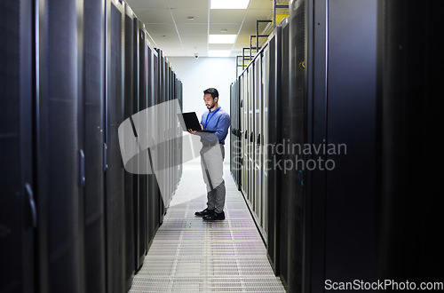 Image of Server room, laptop or man typing for cybersecurity glitch, machine or to search online for servers system. IT support, data center or engineer fixing network for information technology solution