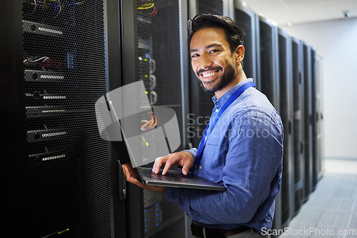 Image of Man, engineering computer and server room, data center and portrait for system solution, electrician inspection or cybersecurity. IT person on laptop internet upgrade, business network or programming