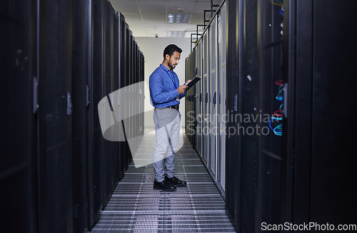 Image of Tablet, man and engineer in server room, research and programming. Information technology, reading and technician in data center, network on cybersecurity and coding software of system admin typing