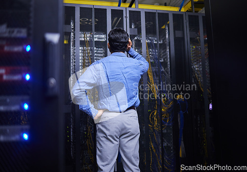 Image of Server room, cables or confused man with hardware for cybersecurity glitch or software solution. Doubt, man or back of stressed male engineer fixing network for information technology or IT support