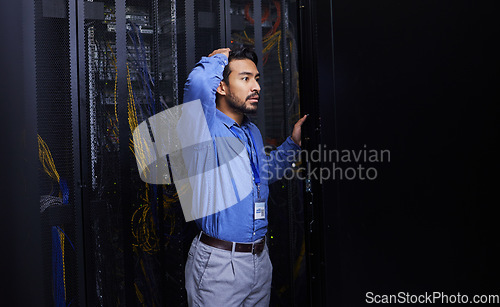 Image of Server room, mistake or male technician with hardware or cables for cybersecurity glitch or machine problem. Doubt, thinking or confused engineer with error in information technology or IT support