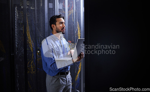 Image of Man, thinking and laptop for server room inspection, data center solution and coding, engineering and programming. Person on computer, information technology check or electrician with cables at night