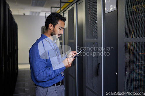 Image of Man, tablet and technician in data center, research and programming. Information technology, reading and engineer in server room, networking for maintenance and coding software of system admin typing
