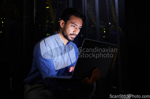 Image of Night, server room or man typing for cybersecurity glitch, machine or internet servers system. IT support, data center or Asian engineer fixing network for information technology solution or research