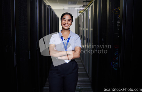 Image of Data center, portrait or happy woman for online cybersecurity glitch, machine or servers system. IT support, server room or proud female engineer fixing network for information technology solution