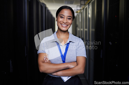 Image of Server room, portrait or happy woman for online cybersecurity glitch, machine or servers system. IT support, data center or proud female engineer fixing network for information technology solution