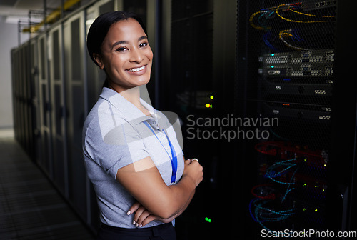 Image of Server room, portrait or woman engineer for online cybersecurity glitch, machine or servers system. IT support, smile or happy woman fixing network for information technology solution in data center
