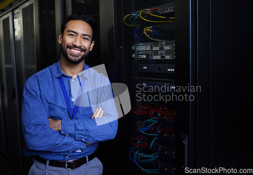Image of Server room, portrait or happy male developer for online cybersecurity glitch or machine system. IT support, smile or proud engineer fixing network for information technology solution in data center